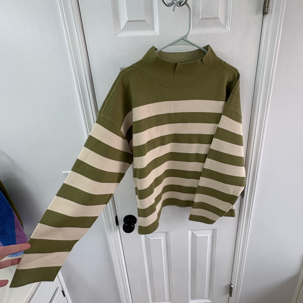 Anthropologie Maeve Carys Mock Neck Green and Cream Striped Sweater - Picture 2 of 6
